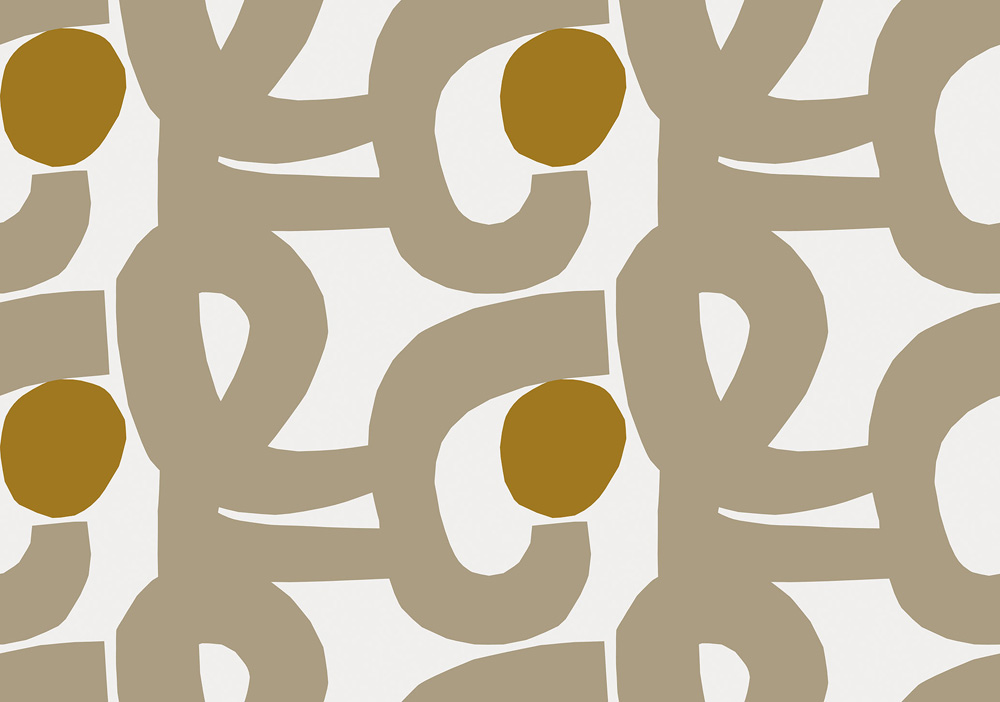 Beige wallpaper with a figurative, retro pattern