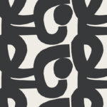 Black-and-white wallpaper with a figurative, retro pattern