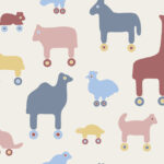 Multicolored wallpaper featuring animals, children, and retro patterns