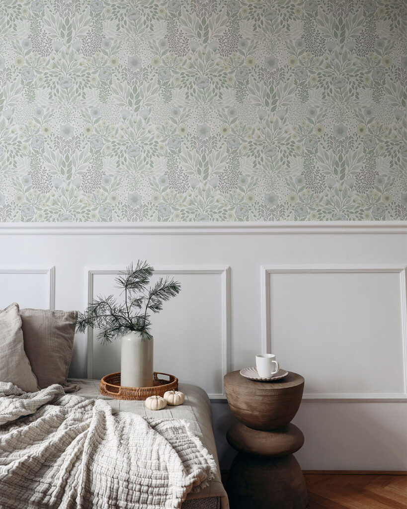 living room with light-colored floral wallpaper