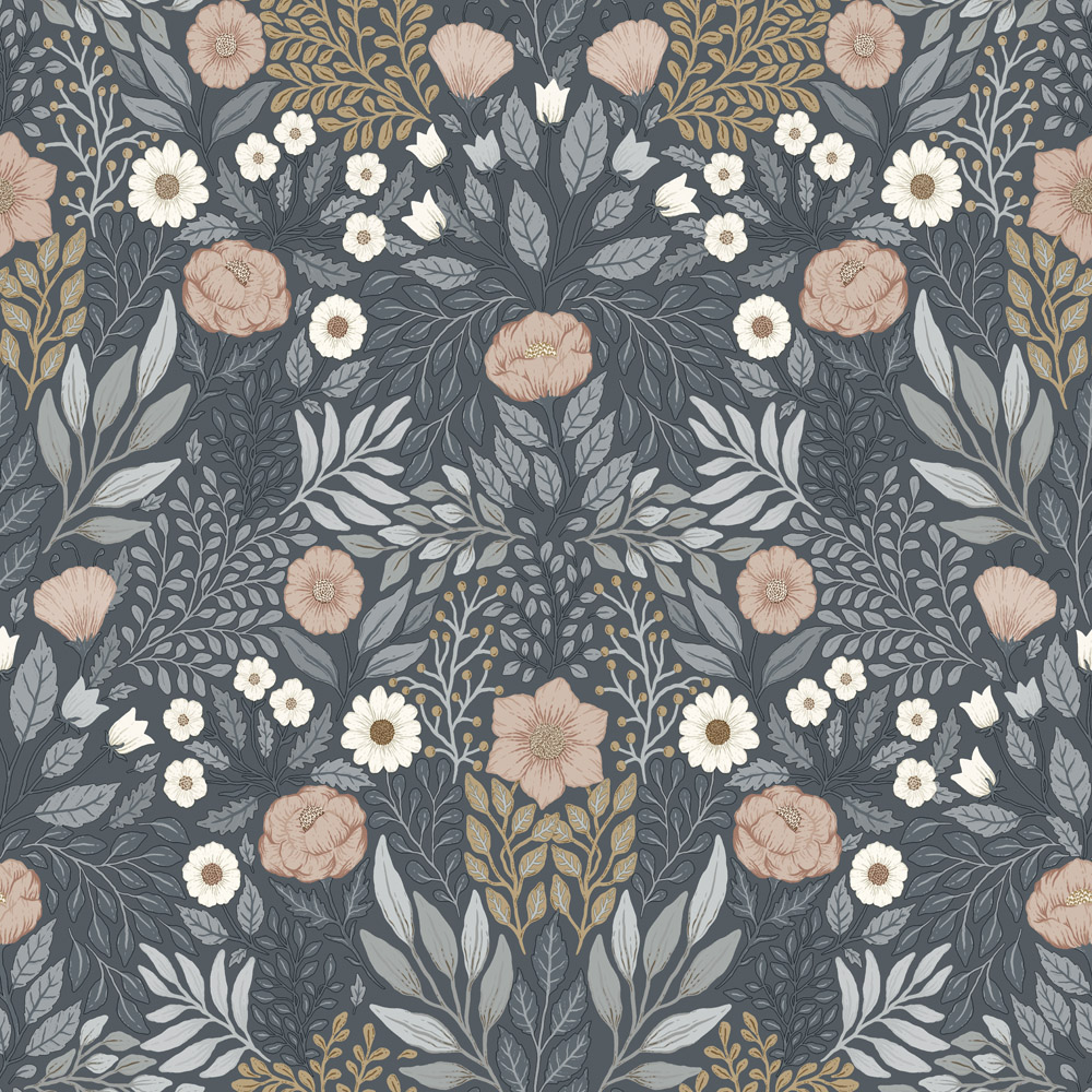 Gray wallpaper with a floral pattern