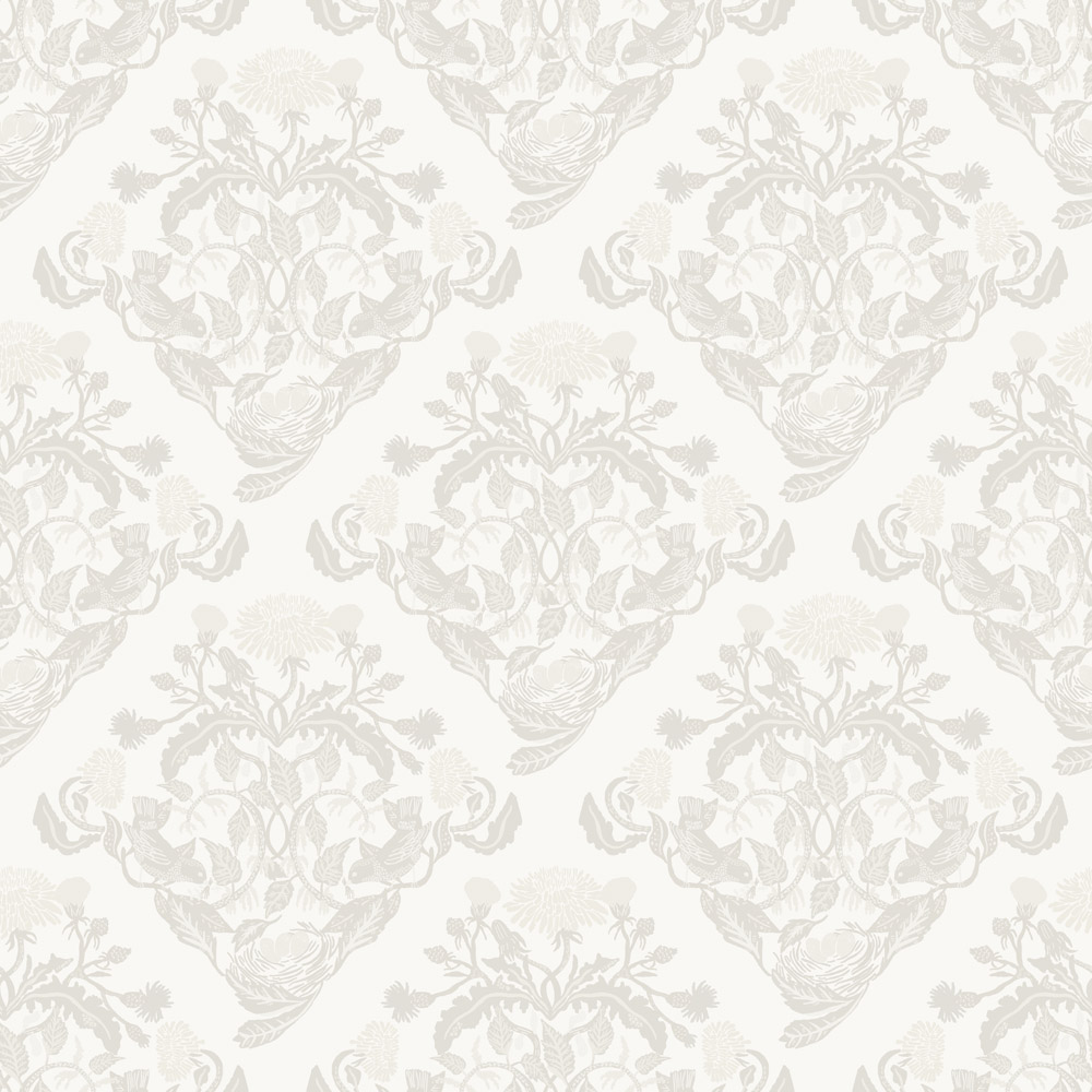 White Wallpaper with Medallion, Floral Pattern