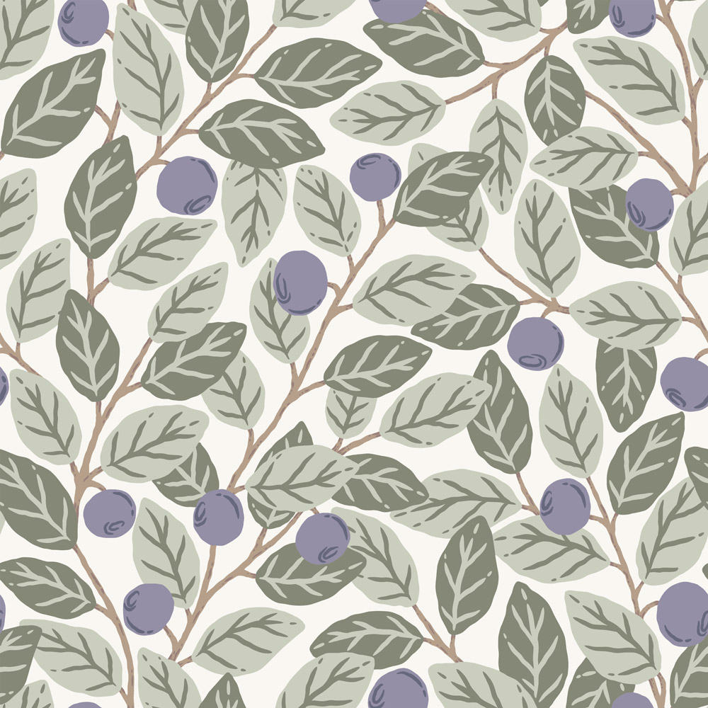 Green Wallpaper with Fruit and Leaf Patterns