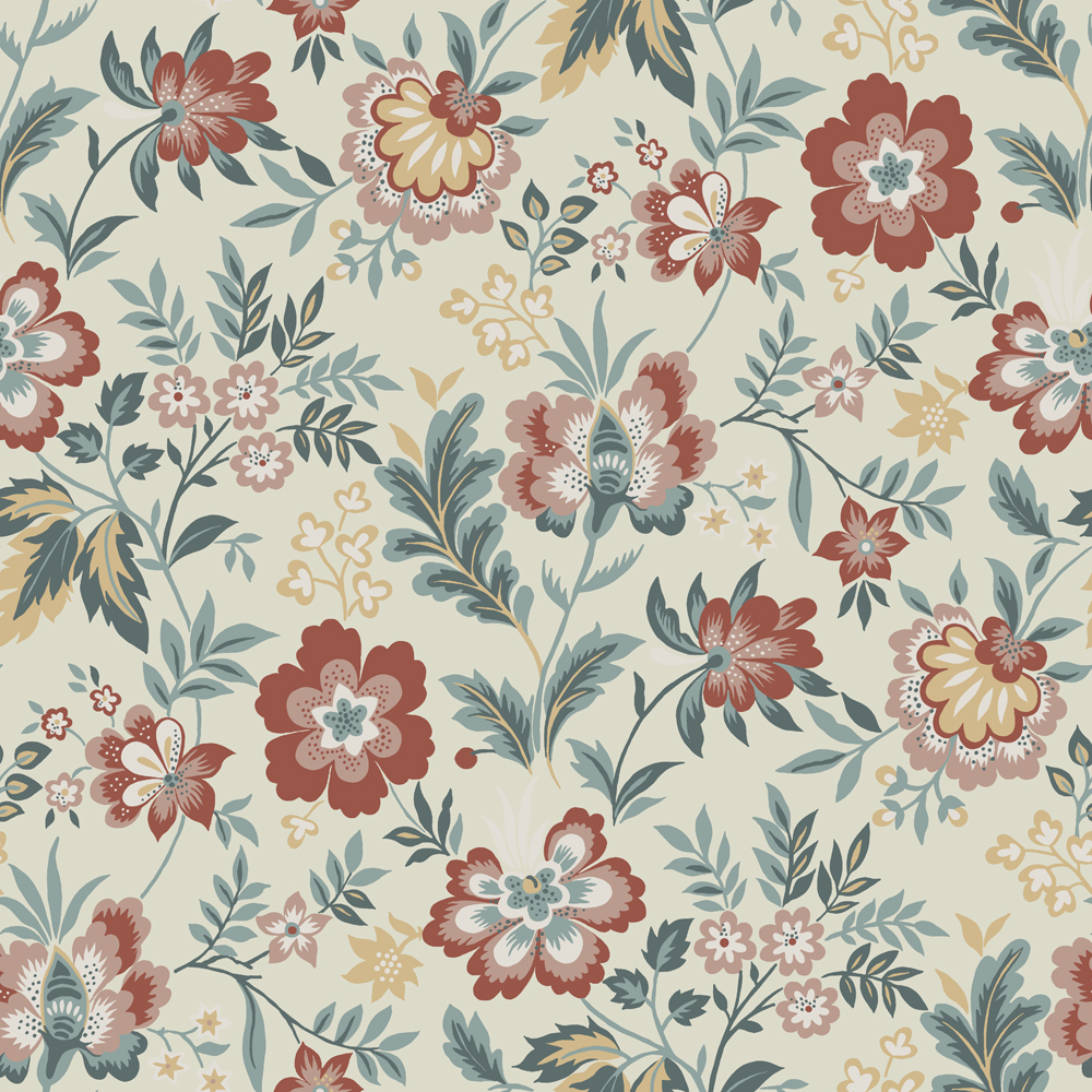 Multicolored wallpaper with floral, large-scale, and other patterns