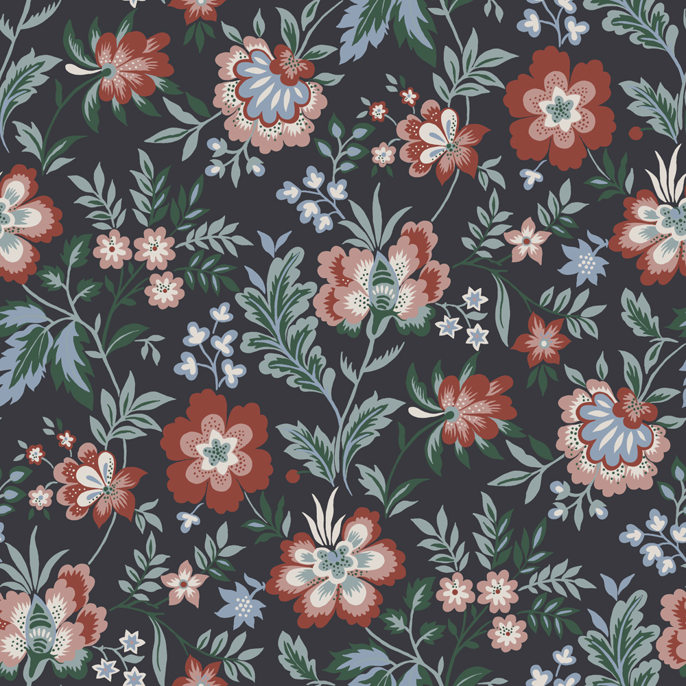 Multicolored, Black wallpaper with a floral, , large-scale pattern