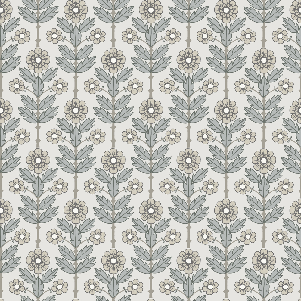 Beige, neutral wallpaper with a floral, large-scale pattern