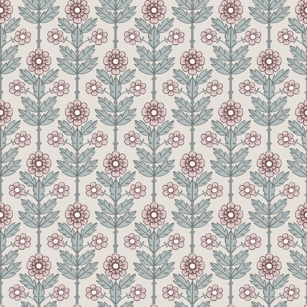 Purple wallpaper with a floral, large-scale pattern