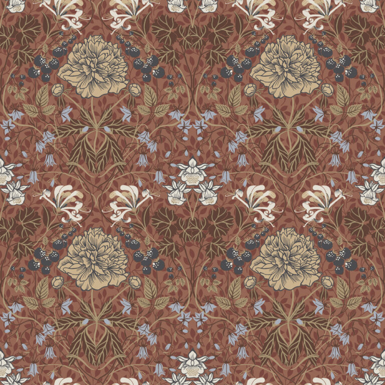 Red wallpaper with a floral, large-scale pattern