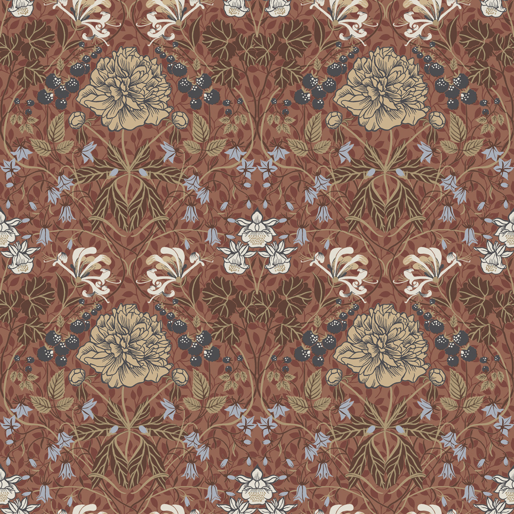 Red wallpaper with a floral, large-scale pattern