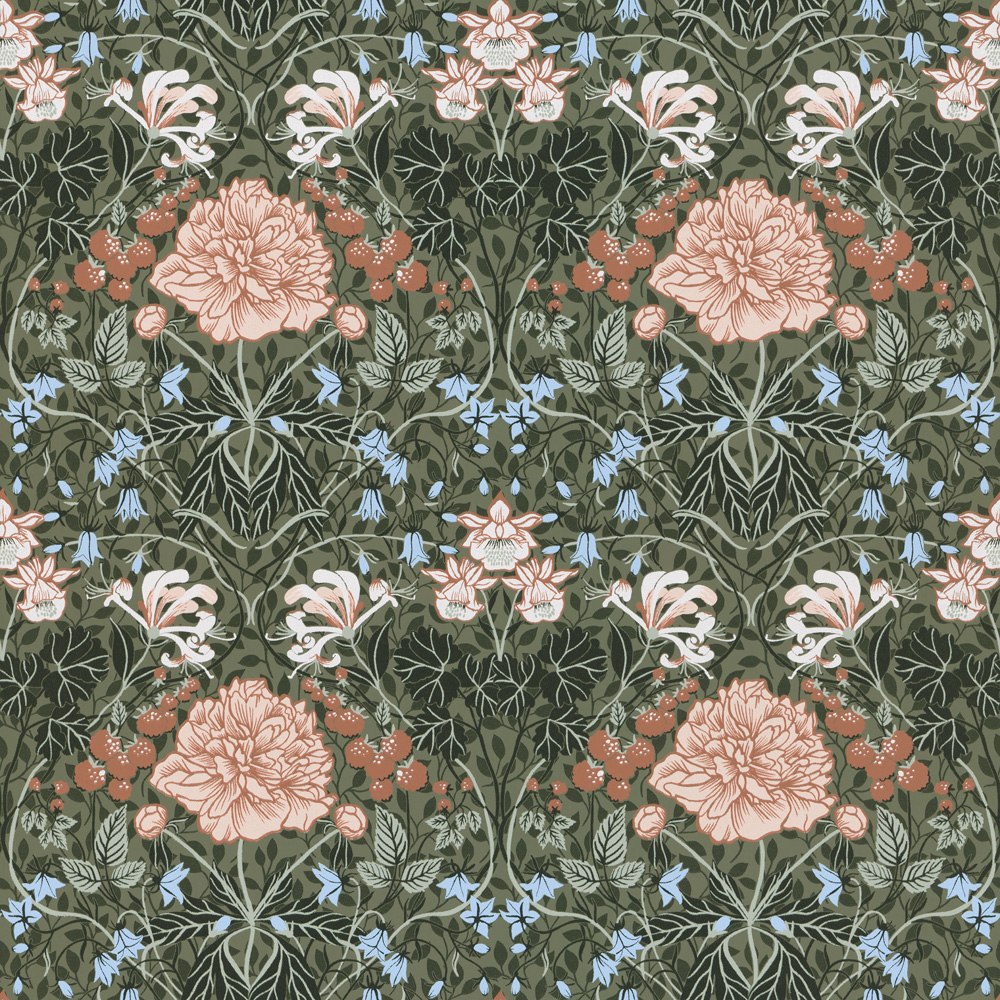 Green wallpaper with a floral, large-scale pattern