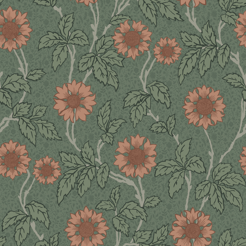 Green wallpaper with a floral, large-scale pattern