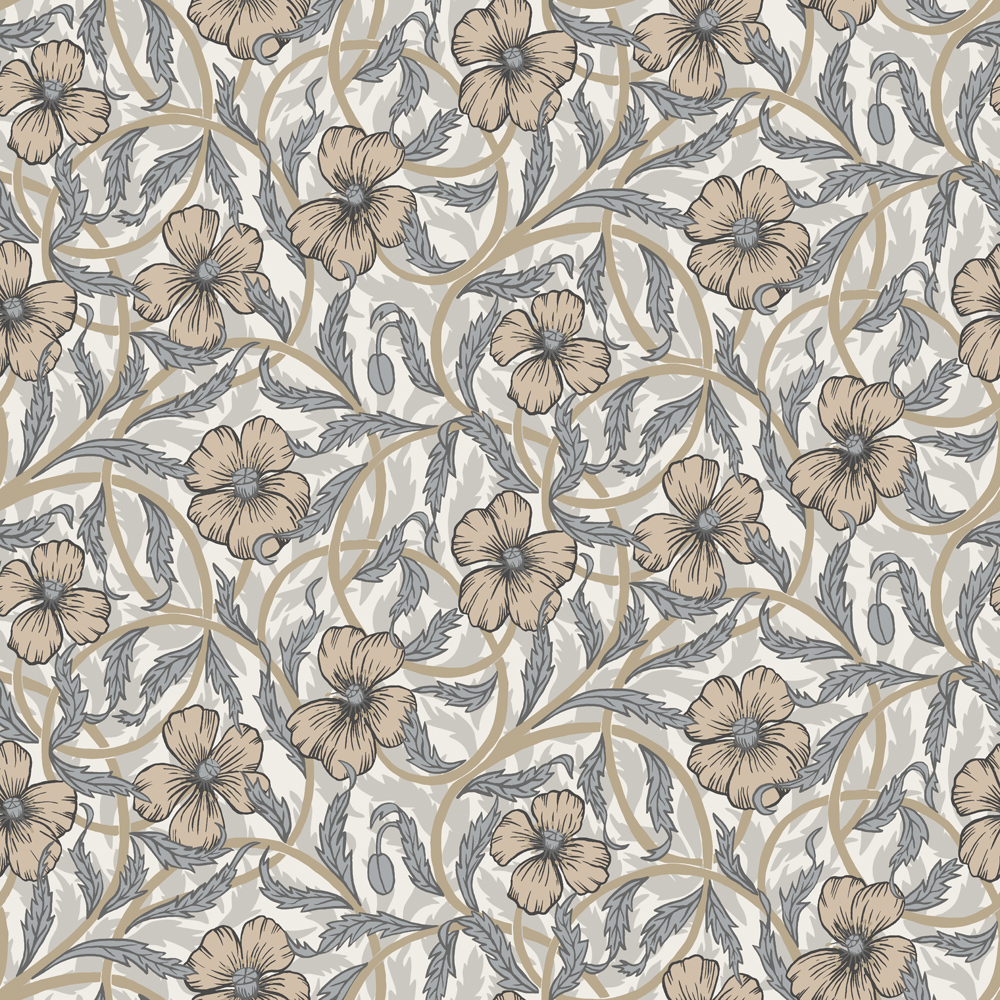 Beige wallpaper with a floral, large-scale pattern