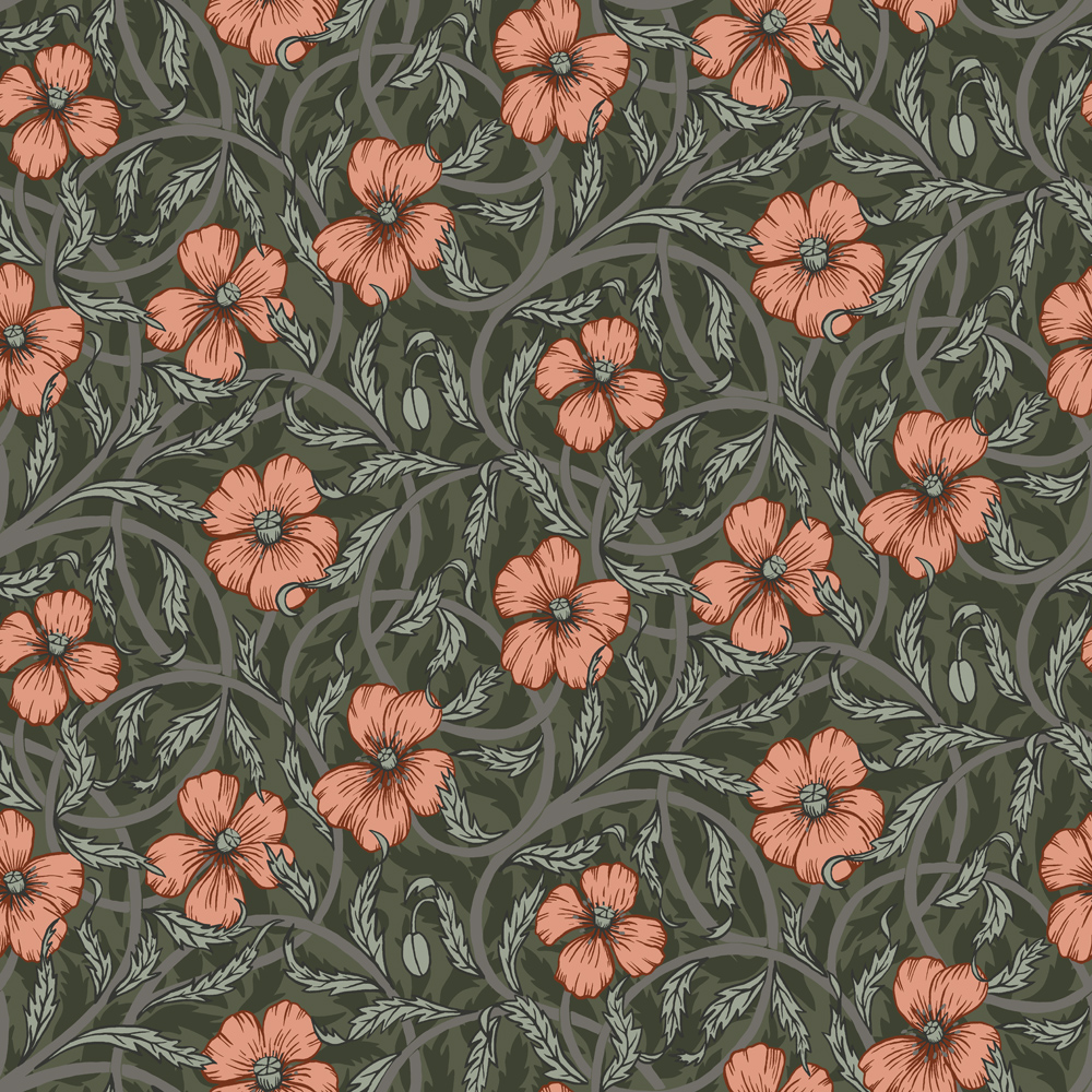 Green wallpaper with a floral, , large-scale pattern
