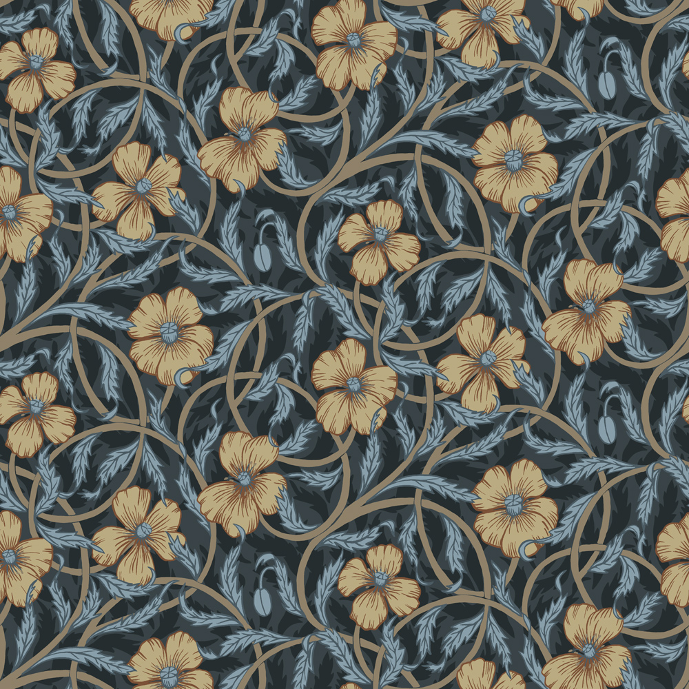 Blue wallpaper with a floral, large-scale pattern