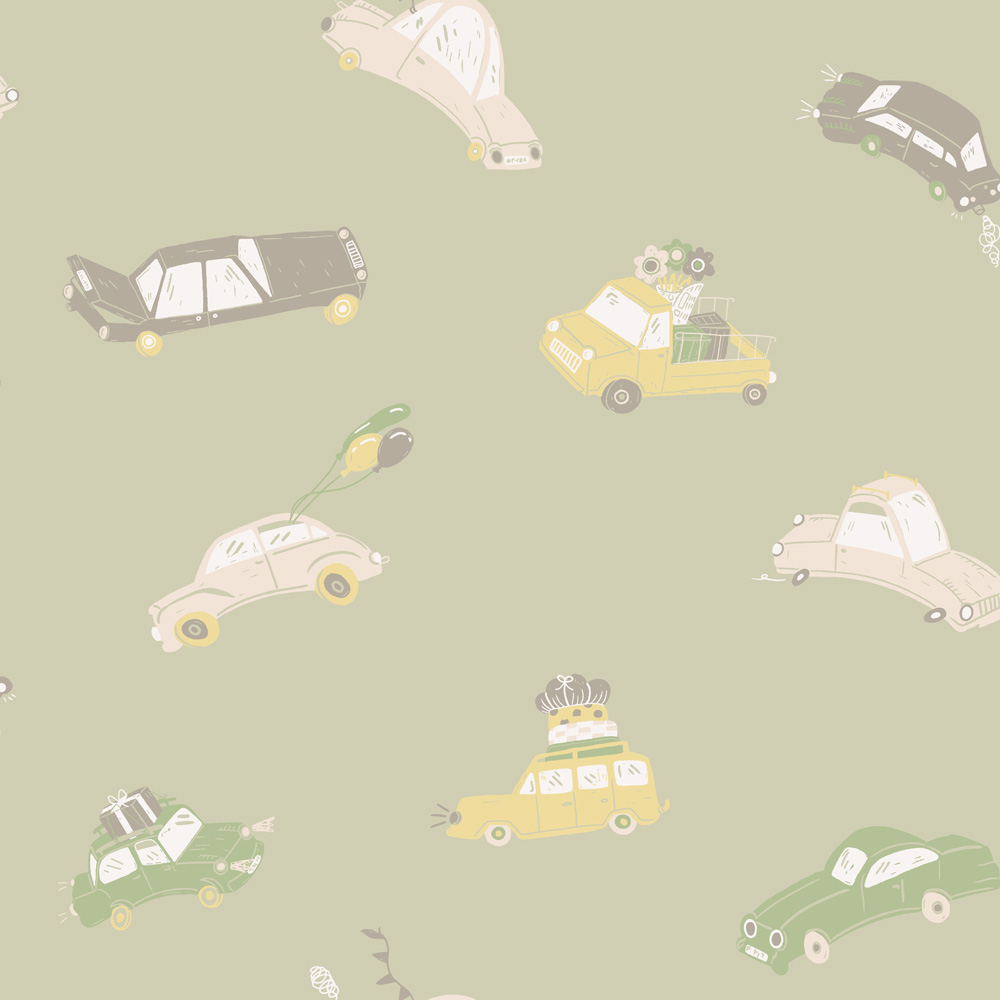 Green wallpaper with a children's pattern