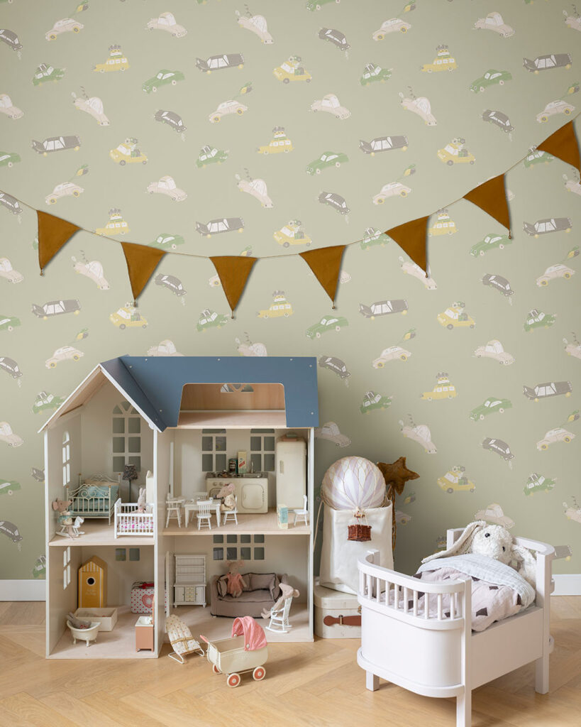 Green wallpaper featuring cars in various colors in a children's room with herringbone parquet flooring