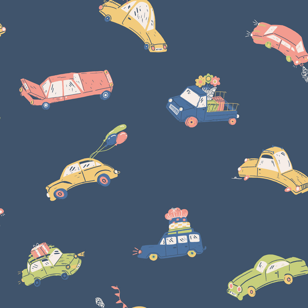 Blue wallpaper with a children's pattern
