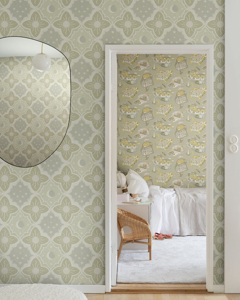 green-and-yellow wallpaper featuring the sun and moon outside a child's bedroom with a bed