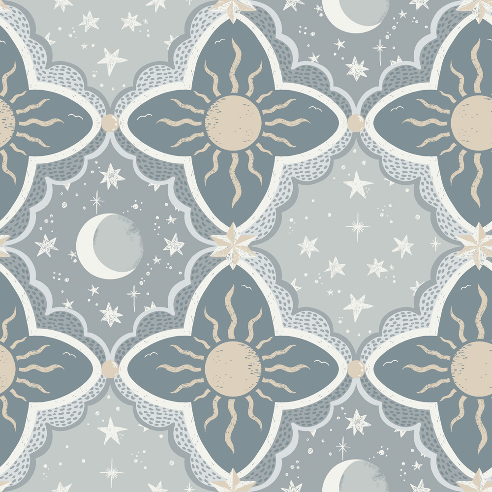 Blue Wallpaper with Children, Large-Scale Pattern