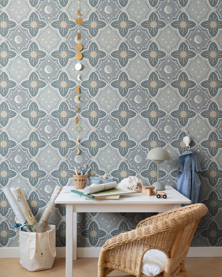 children's room with beautiful blue wallpaper in various shades