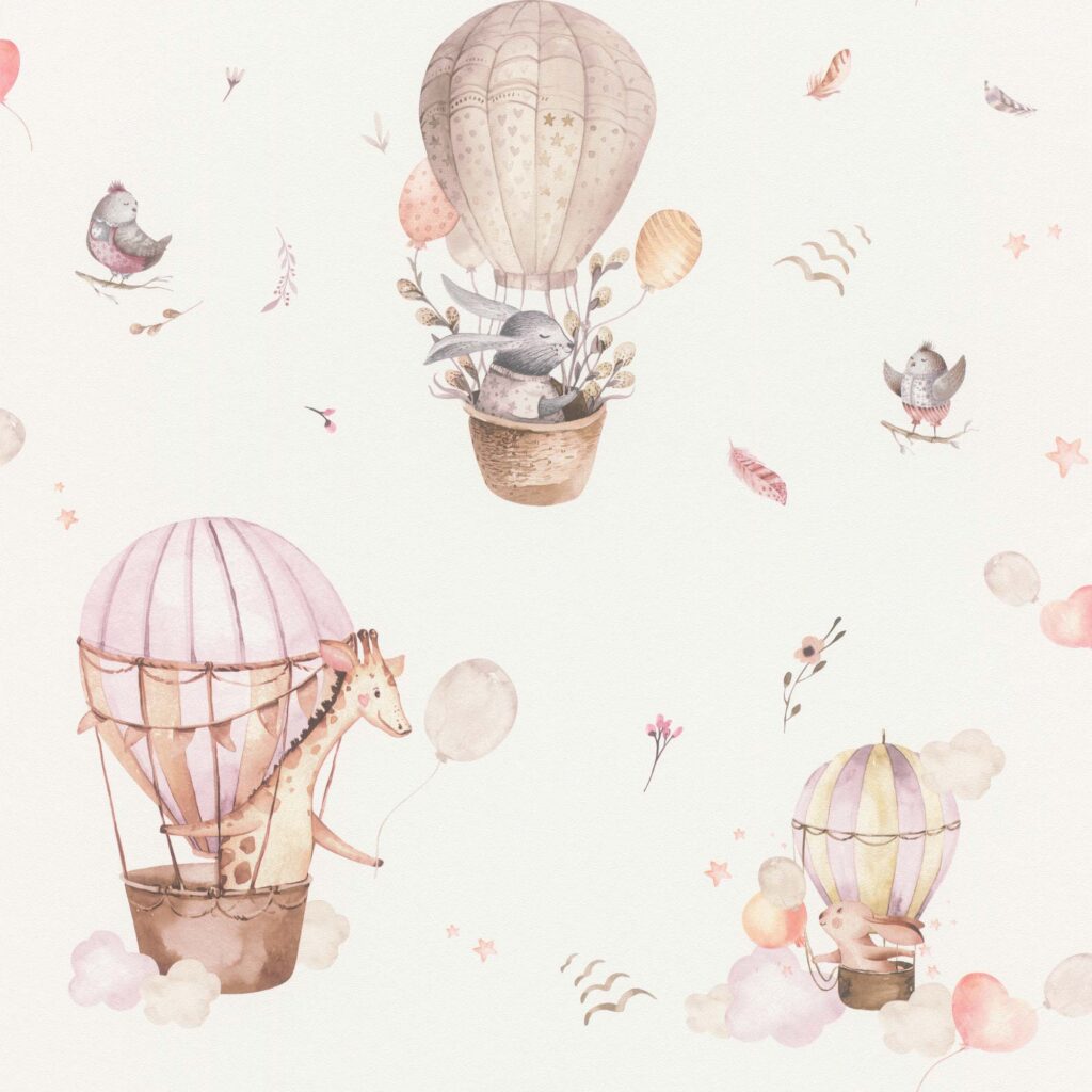 Pink wallpaper with children and animal patterns