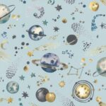 Blue wallpaper with a children's pattern