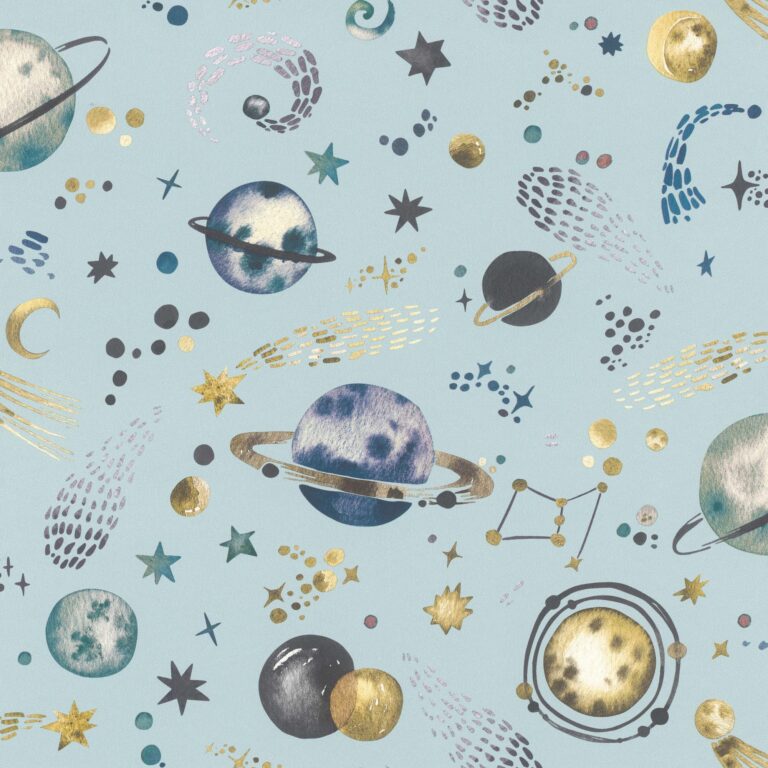 Blue wallpaper with a children's pattern