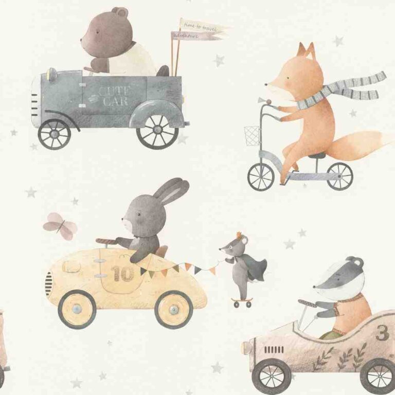 White wallpaper with children and animal patterns