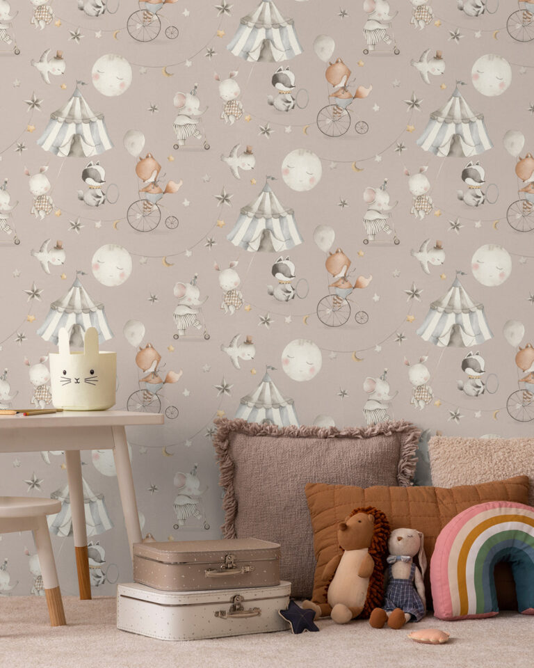children's room with purple circus-themed wallpaper