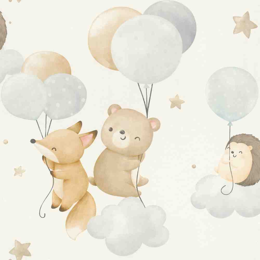 White wallpaper with children and animal patterns