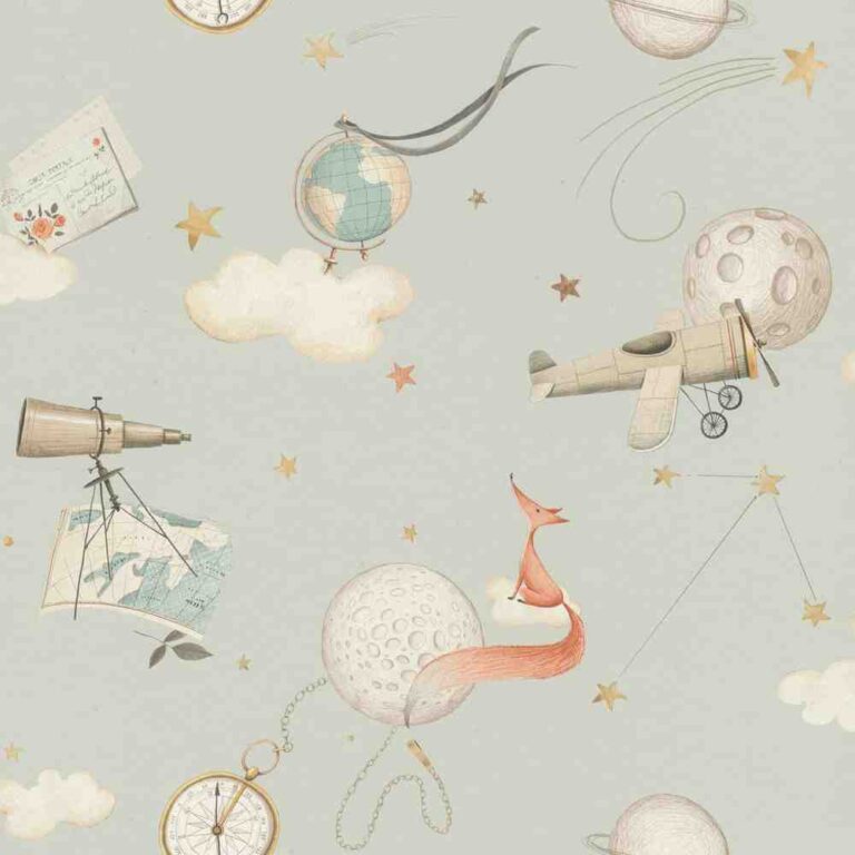Blue Wallpaper with Children, Figurative Pattern