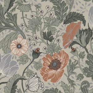 Grön, Beige tapet med Blommigt, Stormönstrat mönster