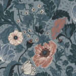 Blue wallpaper with floral, , bold patterns, and leaf patterns