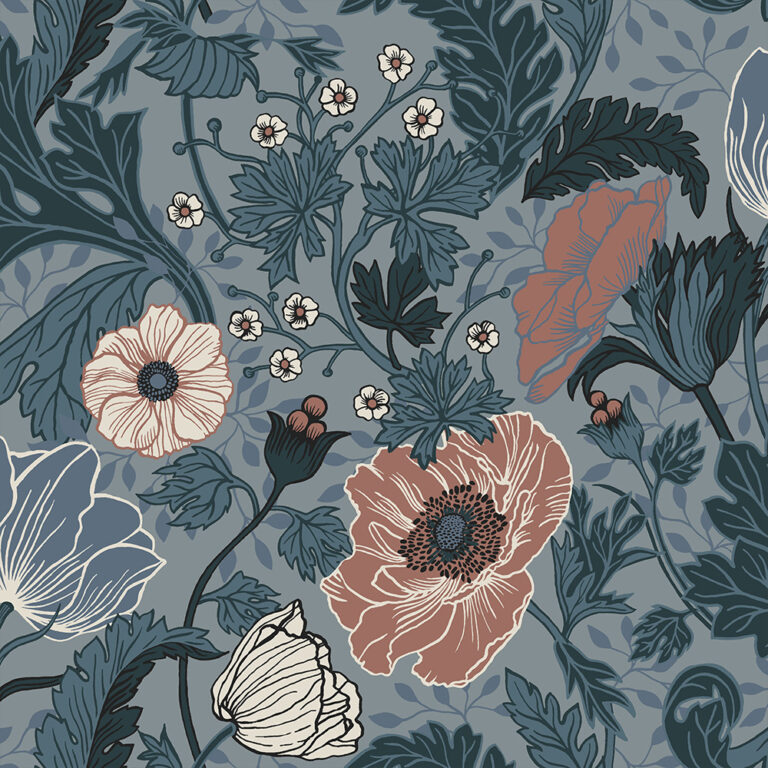 Blue wallpaper with floral, , bold patterns, and leaf patterns