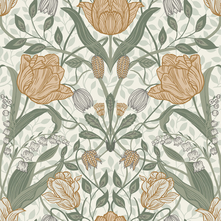 Yellow, Green Wallpaper with Floral, , Large-Scale Pattern
