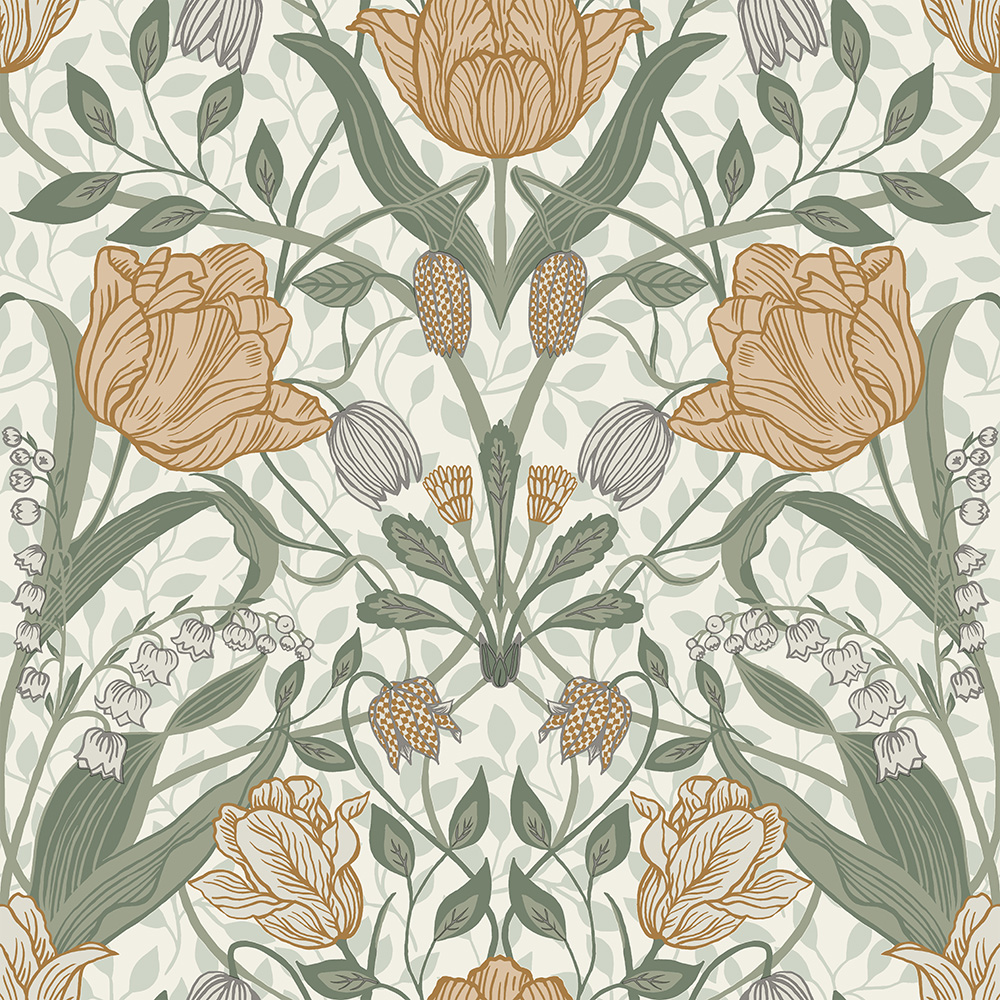 Yellow, Green Wallpaper with Floral, , Large-Scale Pattern