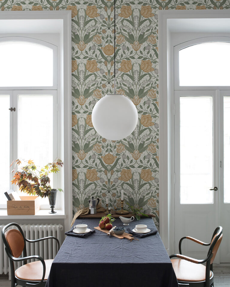 yellow wallpaper with flowers in the entryway