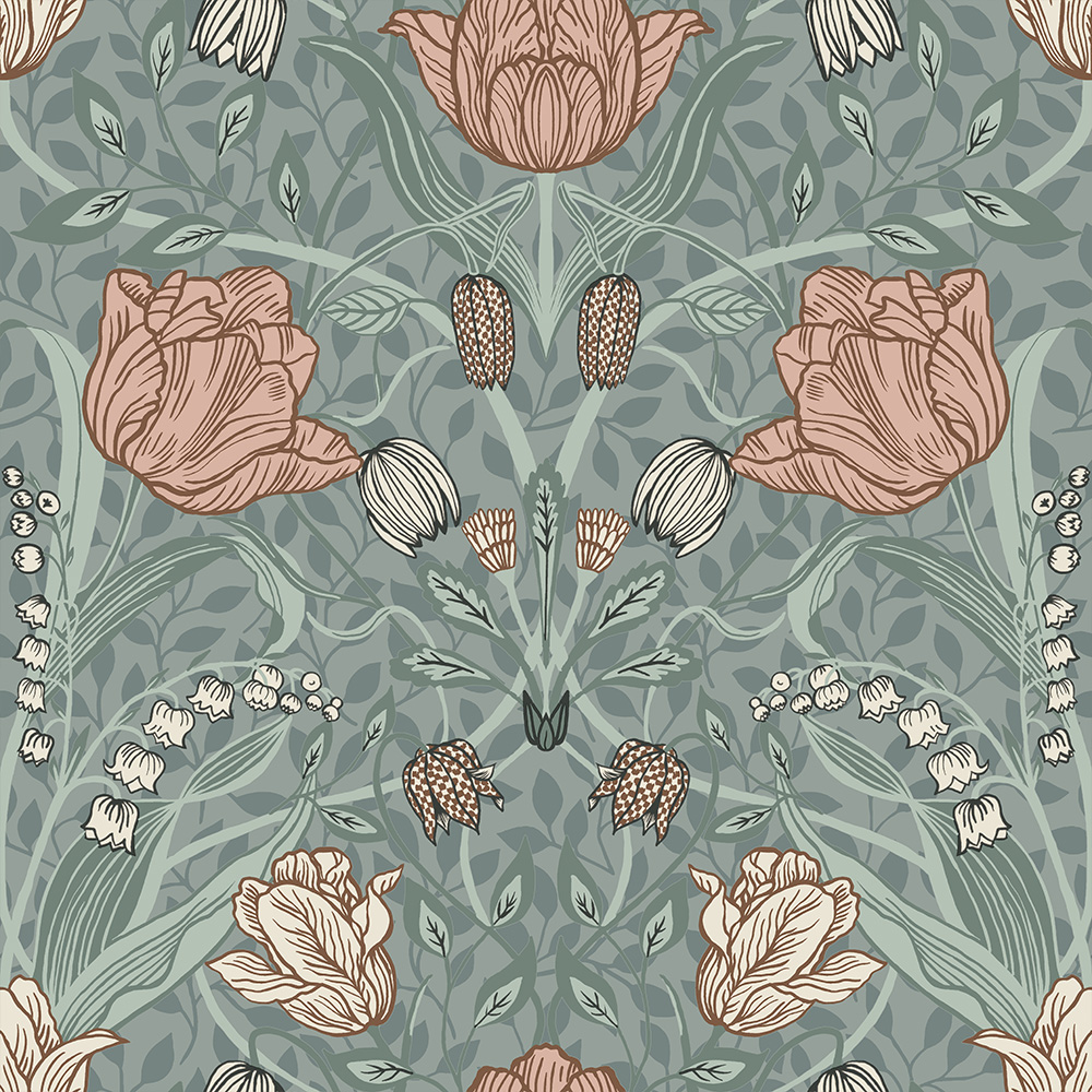 Green, Pink Wallpaper with Floral, , Large-Scale Pattern