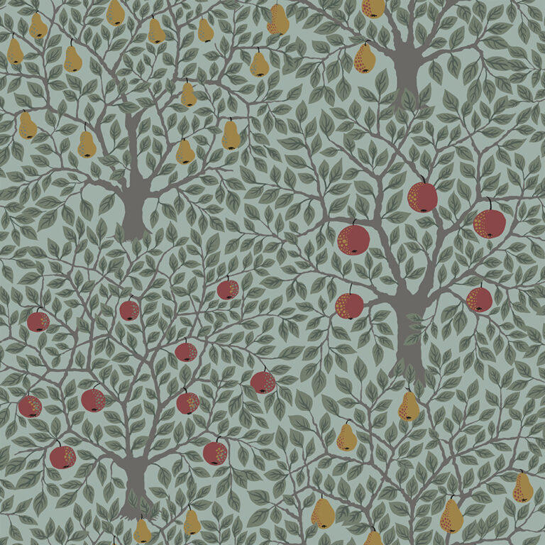 Green, Turquoise wallpaper with leaves, small patterns, fruit, and forest motifs