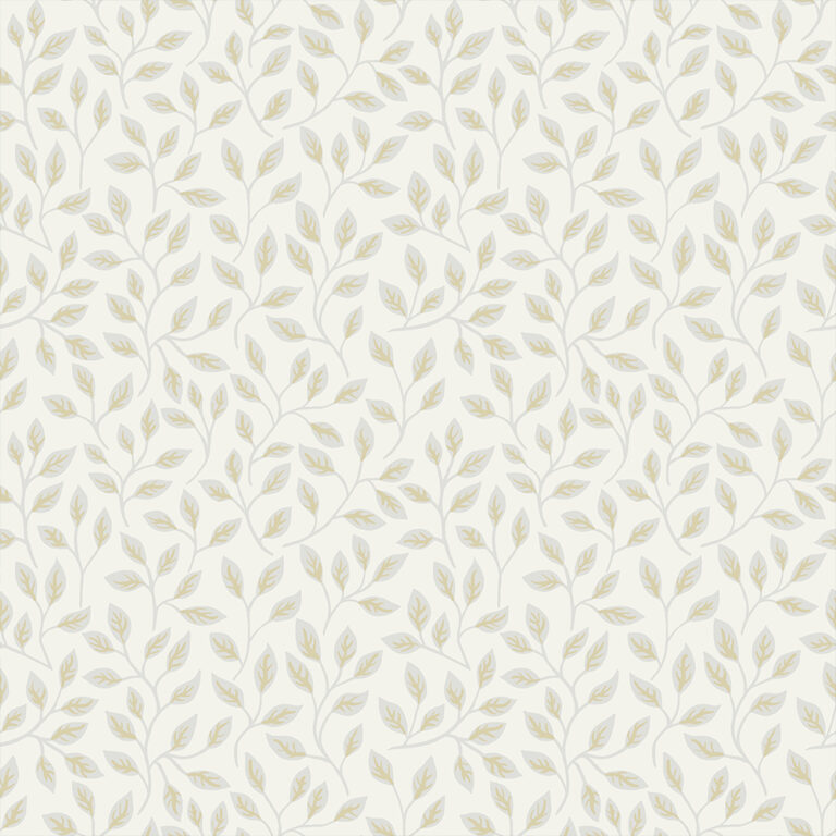 Silver, White Wallpaper with Leaves, , Small Pattern