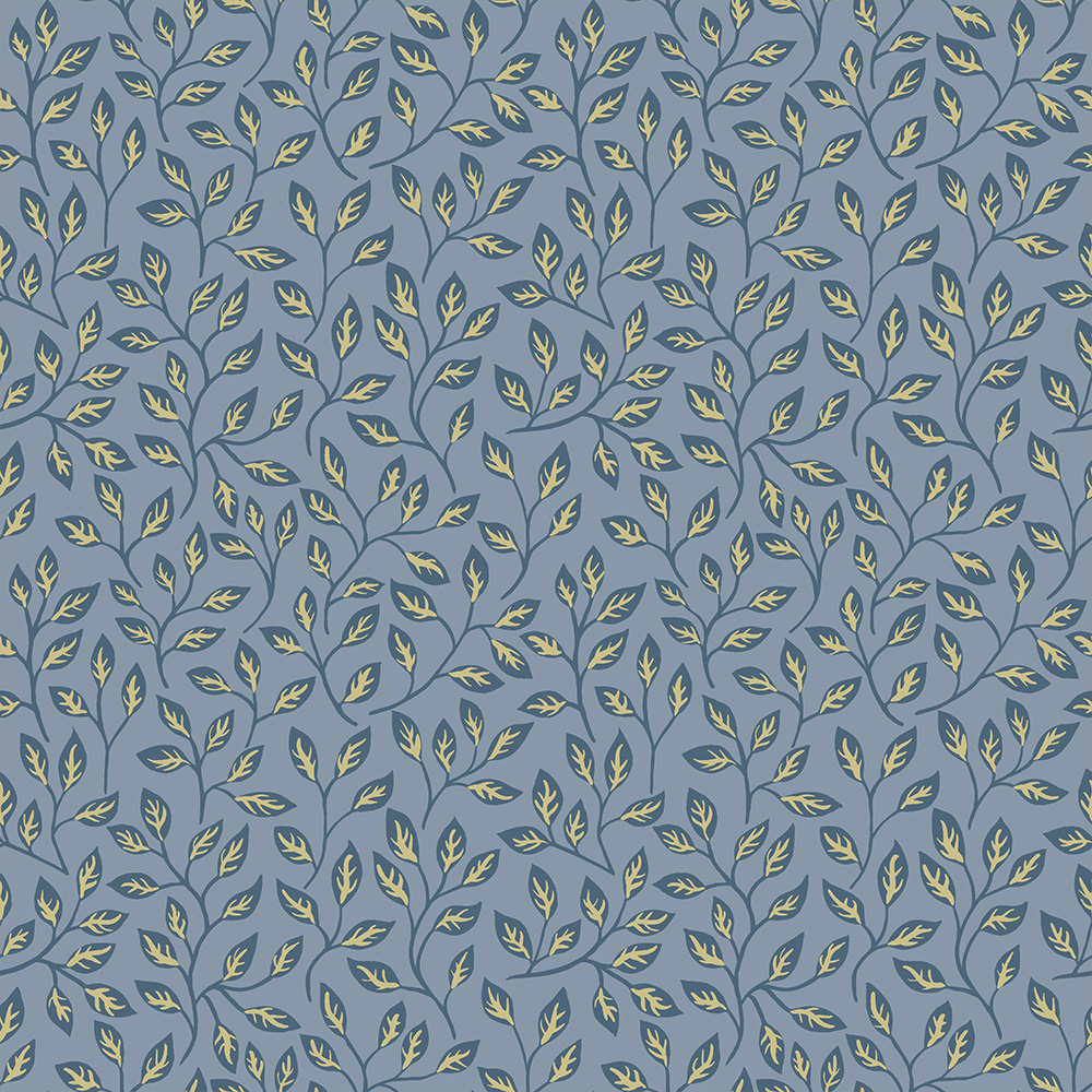 Blue, Silver Wallpaper with Leaves, , Small Pattern
