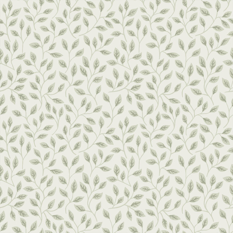 Green, White Wallpaper with Leaves, , Small Pattern