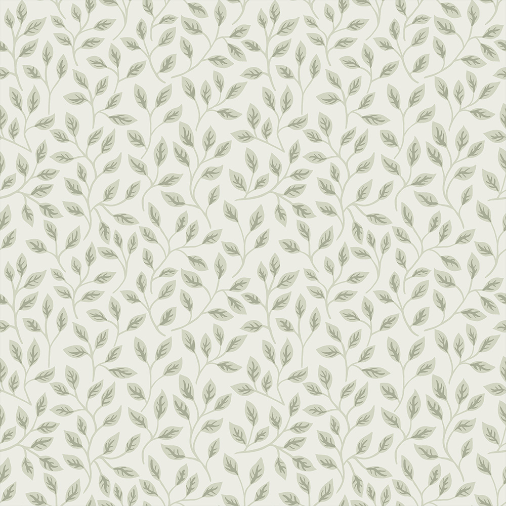 Green, White Wallpaper with Leaves, , Small Pattern