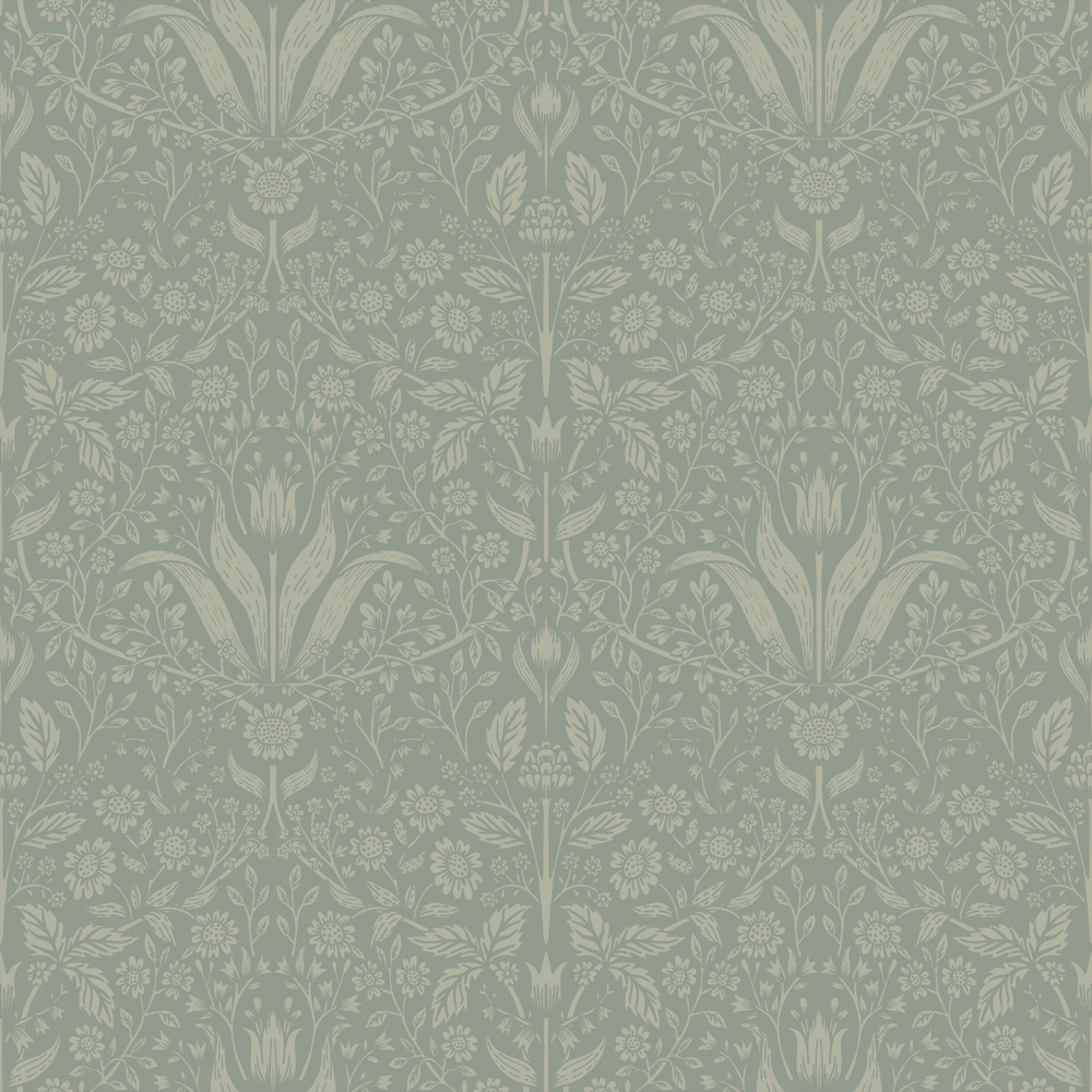 Green Wallpaper with Floral and Medallion Patterns