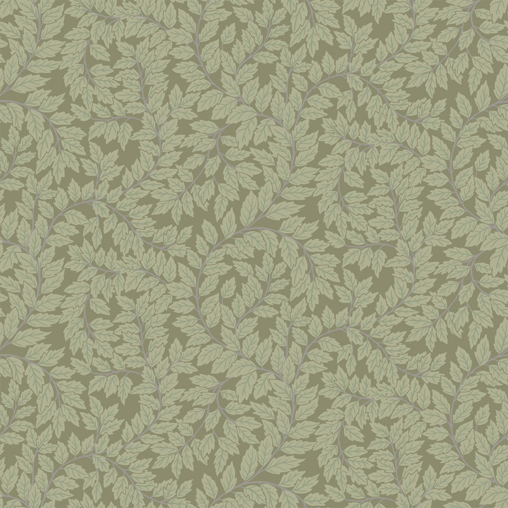 Green Wallpaper with Leaves and Forest Pattern