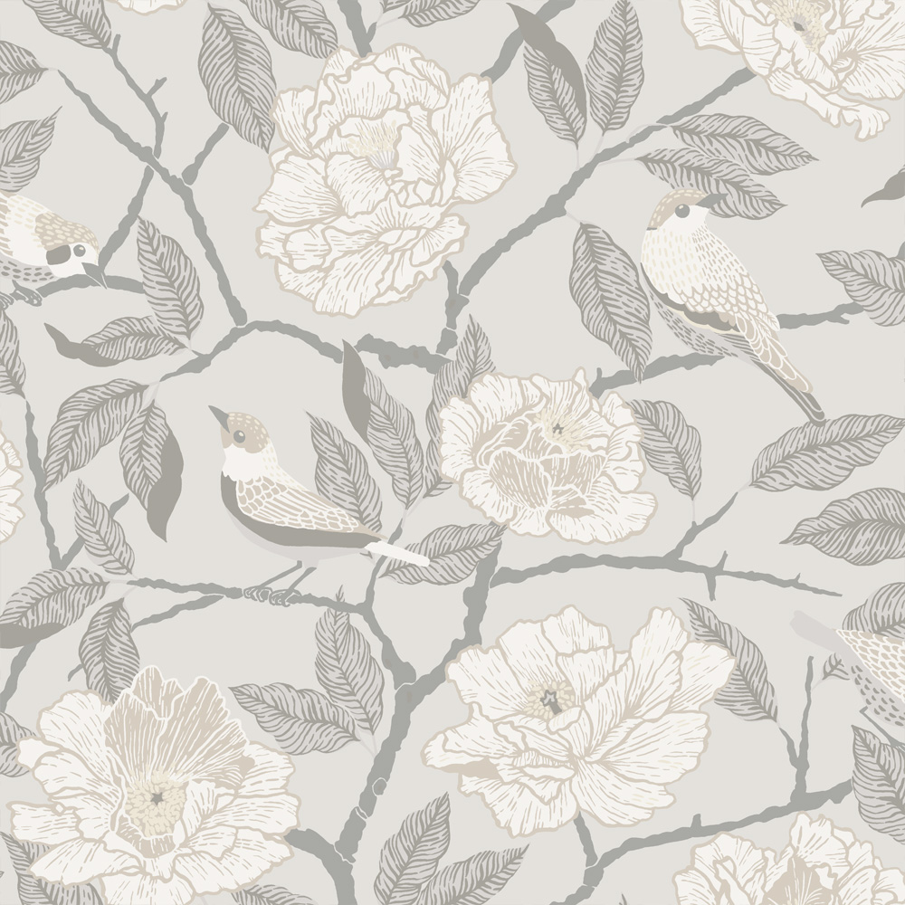 Gray, Beige, Neutral Wallpaper with Animal, Floral, and Bird Patterns