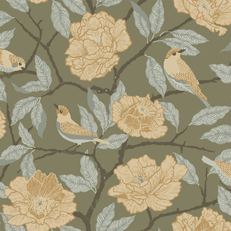 Green wallpaper with floral, animal, bold pattern, and bird designs