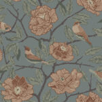 Blue wallpaper with floral, animal, large-scale, and bird patterns