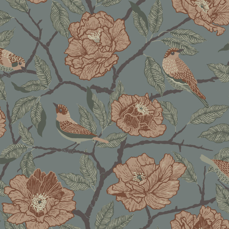Blue wallpaper with floral, animal, large-scale, and bird patterns