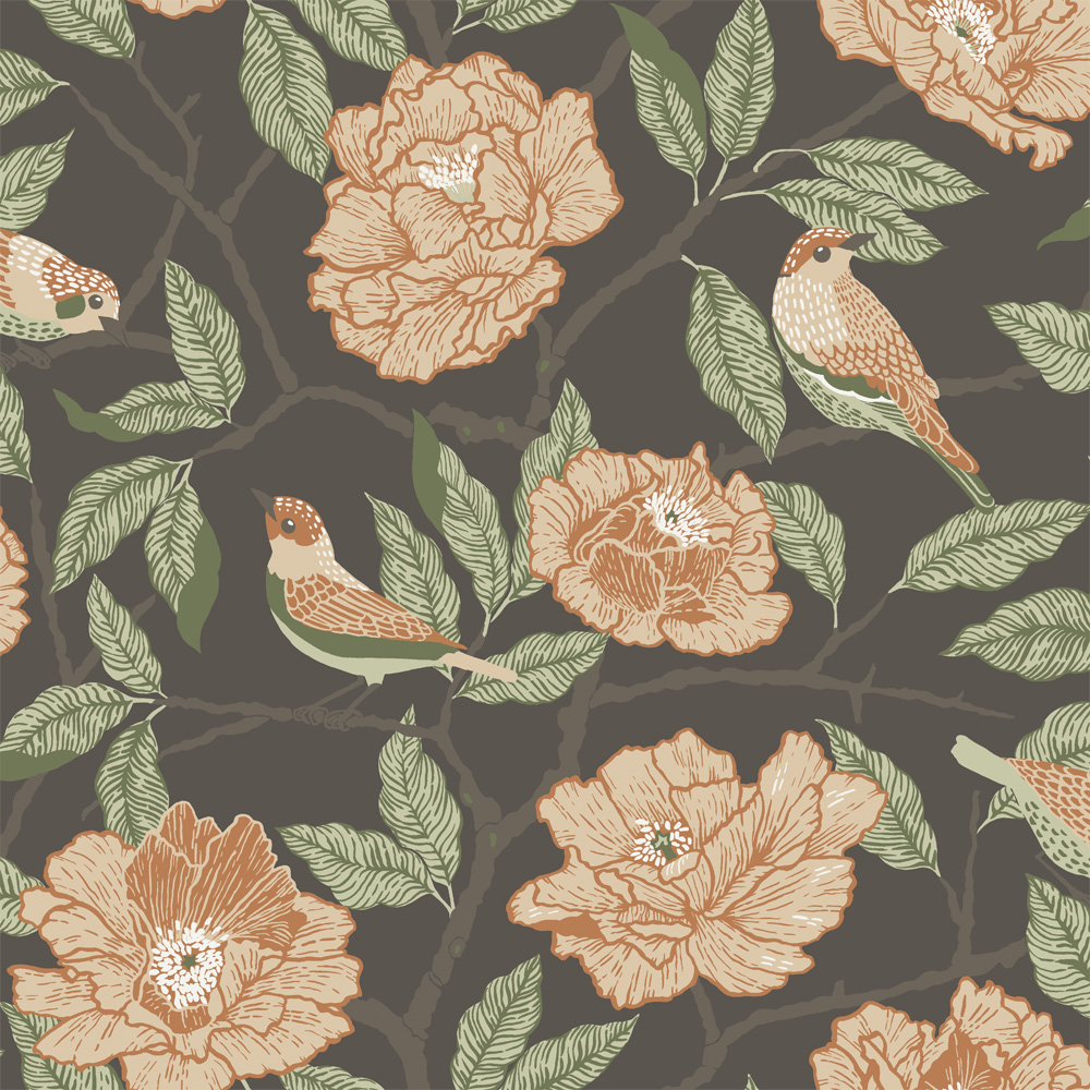 Black, Pink Wallpaper with Animals, Floral, Large-Patterned, Bird Patterns
